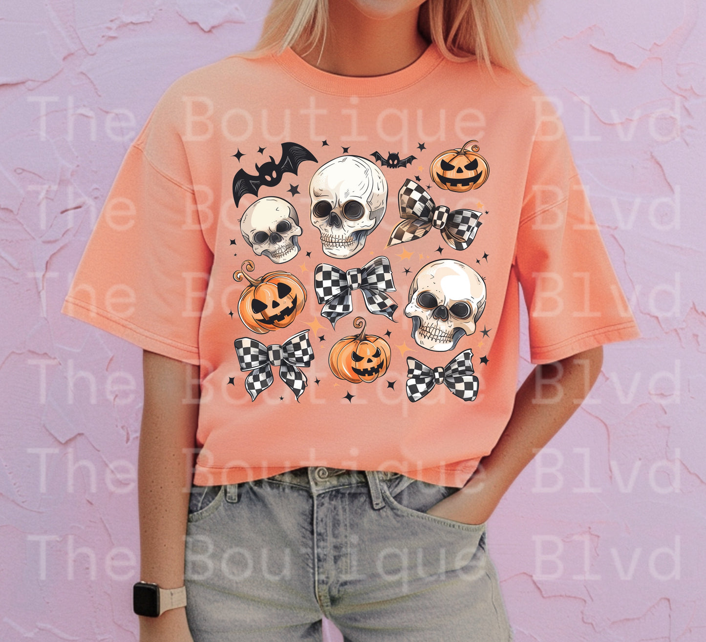 "Skelly, pumpkins, bows" t-shirt