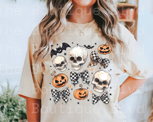 "Skelly, pumpkins, bows" t-shirt